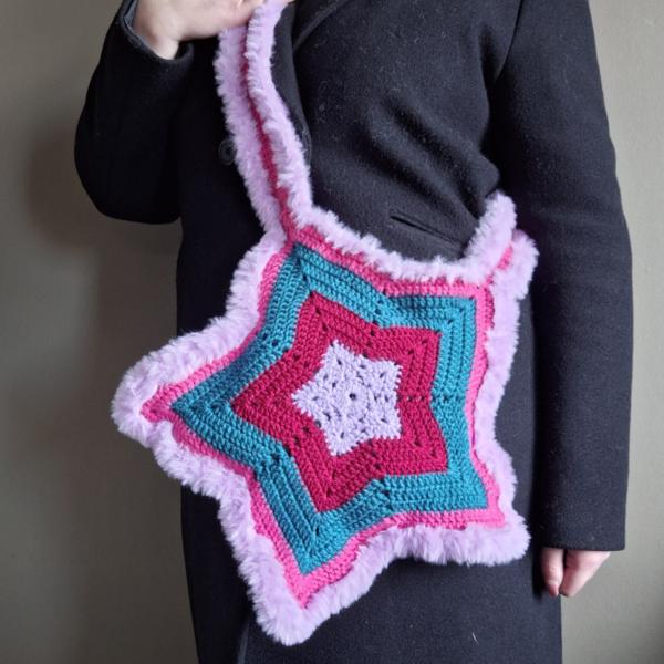 Gehaakte tas | Lila, wijnrood, petrol en fuchsia ster