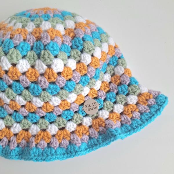 Gehaakte bucket hat | Oranje, lila, turquoise, sagegroen en wit