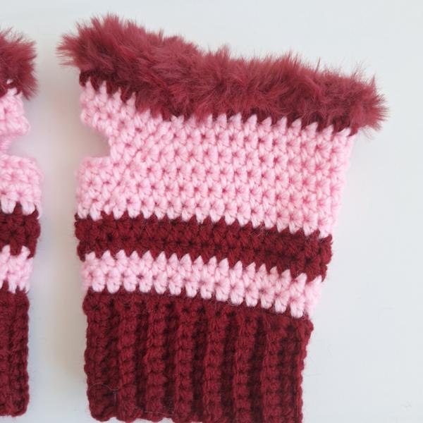 Gehaakte handschoenen - gehaakte vingerloze handschoenen | Wijnrood en lichtroze