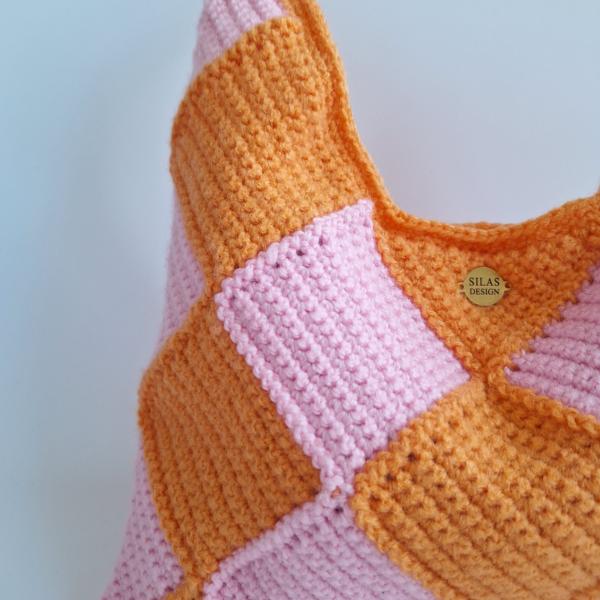 Gehaakte checker handtas 'Lichtroze & oranje'