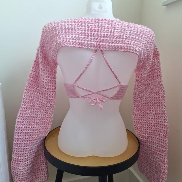 Gehaakte shrug | gehaakte bolero 'Wit en lichtroze gemêleerd'