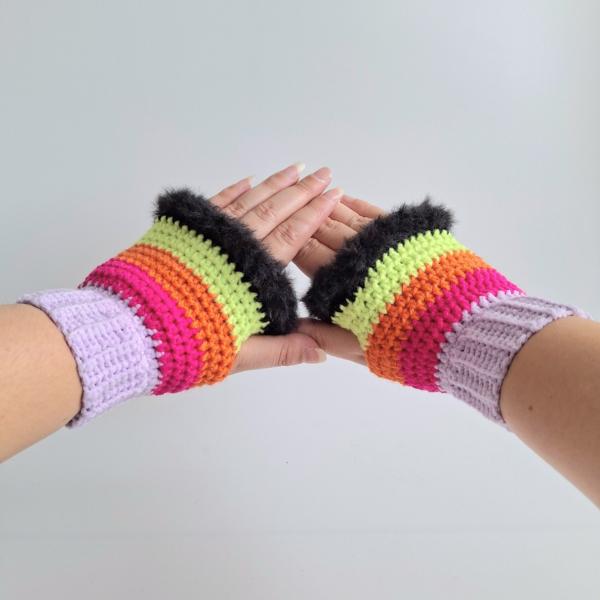 Gehaakte handschoenen - gehaakte vingerloze handschoenen | Lila, knalroze, oranje, limoengroen en zwart