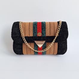 Geweven crossbody tas | Lichtbruin, donkergroen, rood en zwart
