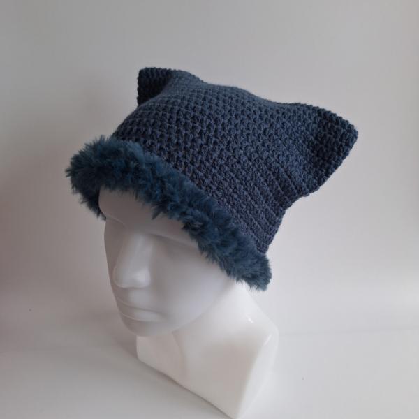 Gehaakte muts met imitatiebont | Denim Blauw