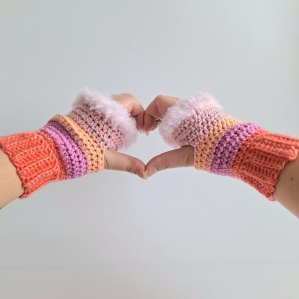Gehaakte handschoenen - gehaakte vingerloze handschoenen | Koraaloranje, lavendel, perzik en poederroze