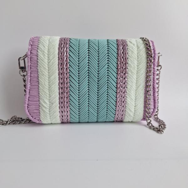 Geweven crossbody tas | Turquoise, lila, pastel geel en zilver