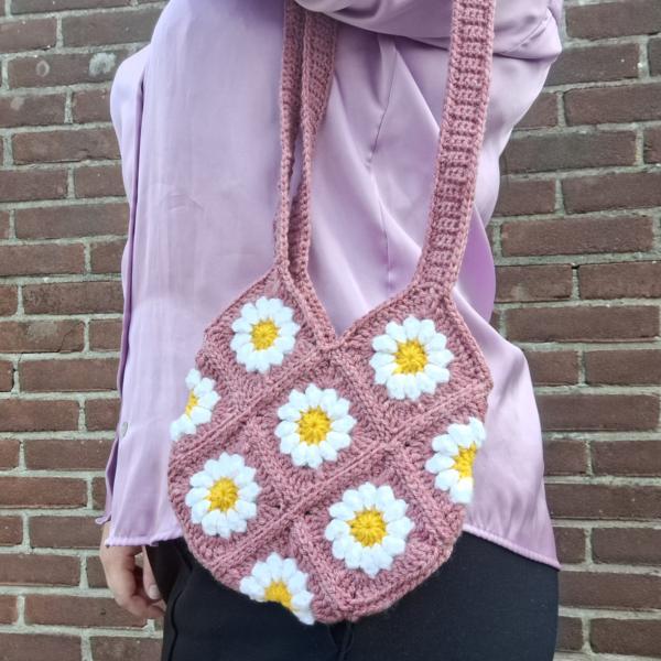 Gehaakte tas | Mauve madeliefjes