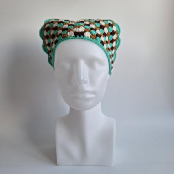 Gehaakte bandana | Turquoise, karamelbruin, crème en donkerbruin