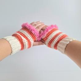 Gehaakte handschoenen - gehaakte vingerloze handschoenen | Crème, koraaloranje en Barbie roze