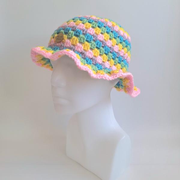 Gehaakte bucket hat | Lichtroze, geel, eucalypstus, turquoise en lila