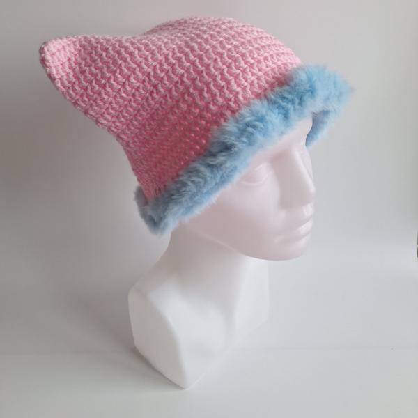 Gehaakte muts met imitatiebont | Lichtroze en lichtblauw