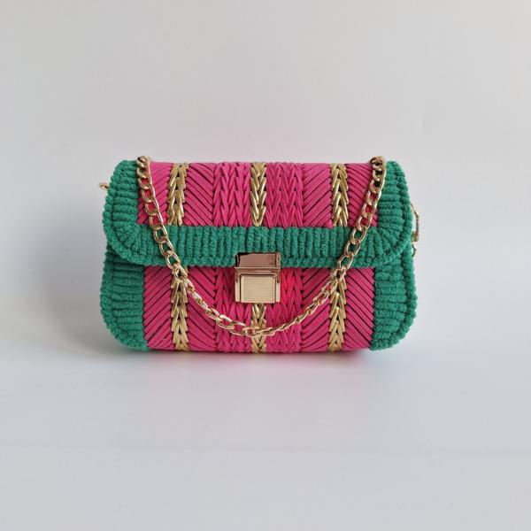 Geweven crossbody tas | Roze, groen en goud