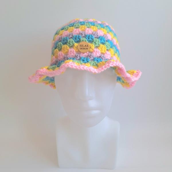 Gehaakte bucket hat | Lichtroze, geel, eucalypstus, turquoise en lila