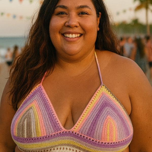 Gehaakt topje 'Boho top geel, beige, perzikoranje, paars en lila'