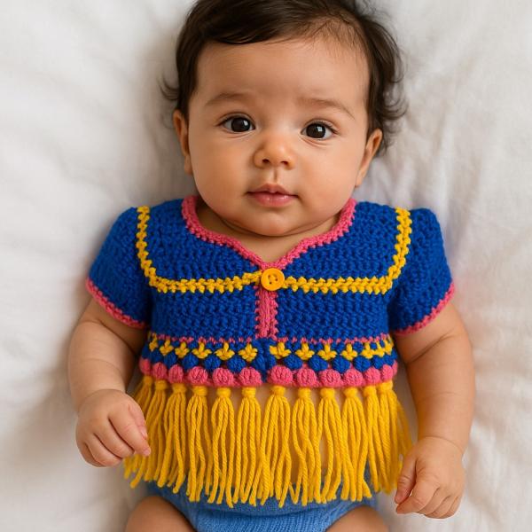 Gehaakt baby vestje | Blauw, roze en geel met gele franjes