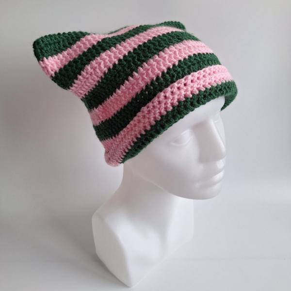 Gehaakte muts | Lichtroze en donkergroen