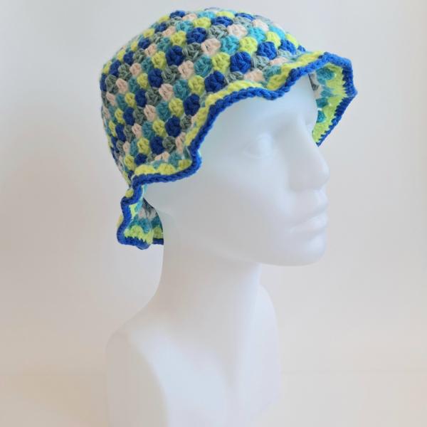 Gehaakte bucket hat | Crème, turquoise, limegroen, kobaltblauw en teal