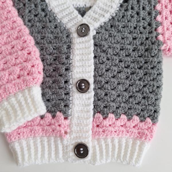 Gehaakt baby vestje | Roze, grijs en wit