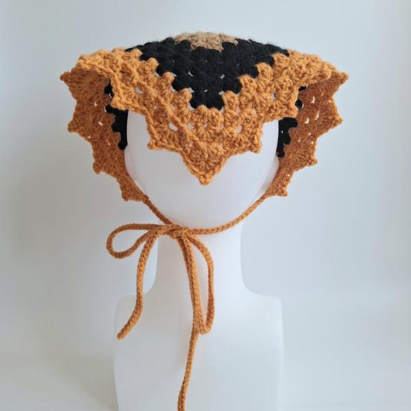 Gehaakte bandana | Crème, lichtbruin, zwart en oranje