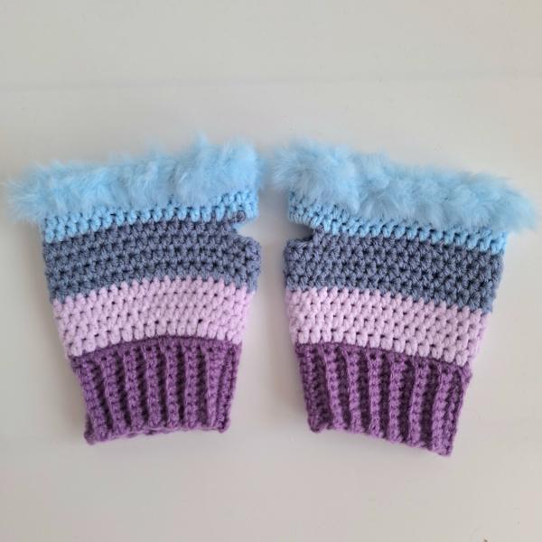 Gehaakte handschoenen - gehaakte vingerloze handschoenen | Paars, lila, denimblauw en lichtblauw