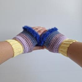 Gehaakte handschoenen - gehaakte vingerloze handschoenen | Geel, lila, taupe, denimblauw en kobaltblauw