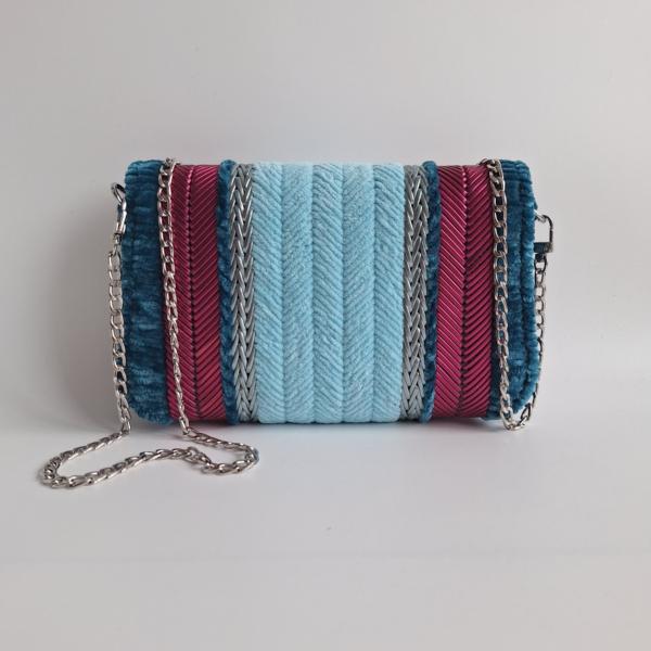 Geweven crossbody tas | Lichtblauw, petrol, magenta en zilver