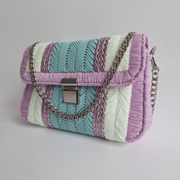 Geweven crossbody tas | Turquoise, lila, pastel geel en zilver