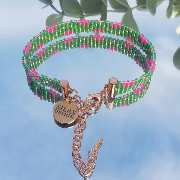 Geweven kralen armband | Groen en roze zigzag