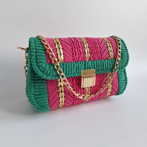 Geweven crossbody tas | Roze, groen en goud
