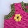 Thumbnail for Gehaakt baby vestje | Fuchsia en donkergroen met gele, wijnrode en knalrode bloemen