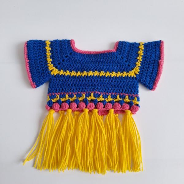 Gehaakt baby vestje | Blauw, roze en geel met gele franjes