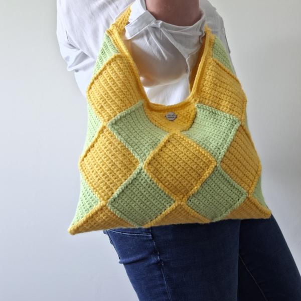 Gehaakte checker handtas 'Geel en groen'