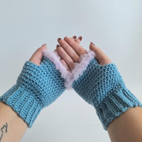 Gehaakte handschoenen - gehaakte vingerloze handschoenen | Denimblauw en lila