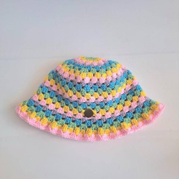 Gehaakte bucket hat | Lichtroze, geel, eucalypstus, turquoise en lila