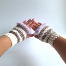 Gehaakte handschoenen - gehaakte vingerloze handschoenen | Crème, beige en lila