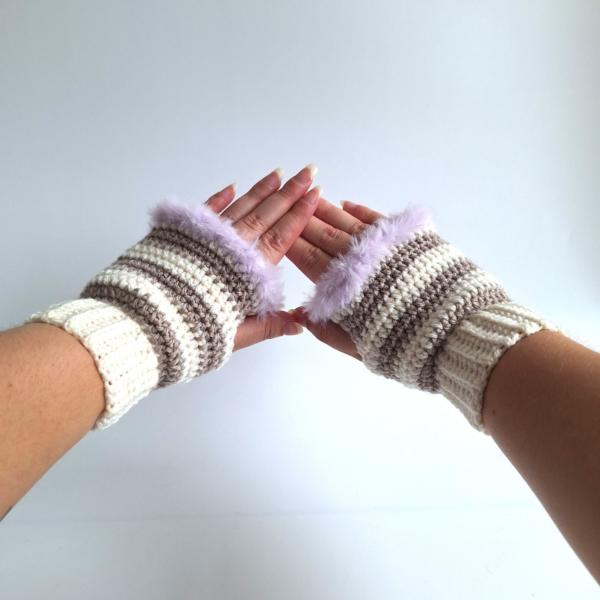 Gehaakte handschoenen - gehaakte vingerloze handschoenen | Crème, beige en lila