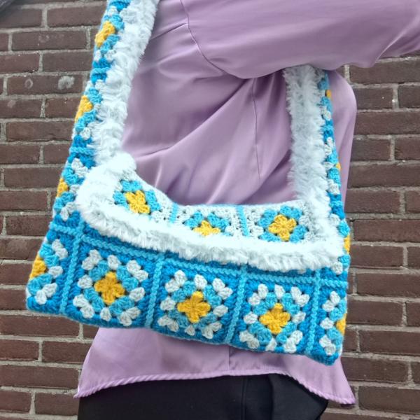 Gehaakte tas | Turquoise met lichtblauw imitatiebont