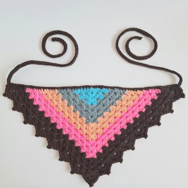 Gehaakte bandana | Turquoise, denimblauw, perzikoranje, neon roze en donkerbruin