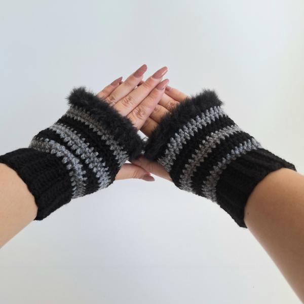 Gehaakte handschoenen - gehaakte vingerloze handschoenen | Zwart en donkergrijs
