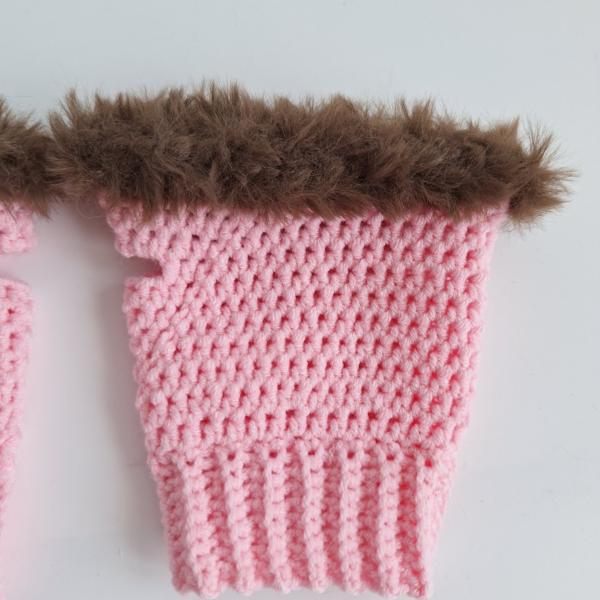 Gehaakte handschoenen - gehaakte vingerloze handschoenen | Lichtroze en bruin