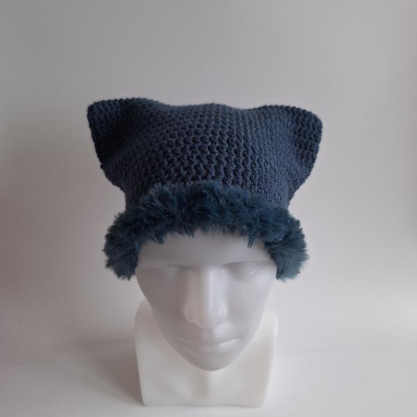 Gehaakte muts met imitatiebont | Denim Blauw