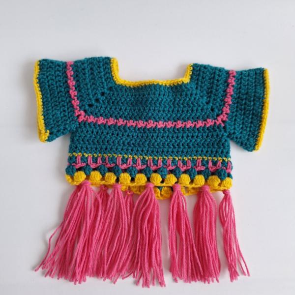 Gehaakt baby vestje | Petrol, roze en geel met roze franjes