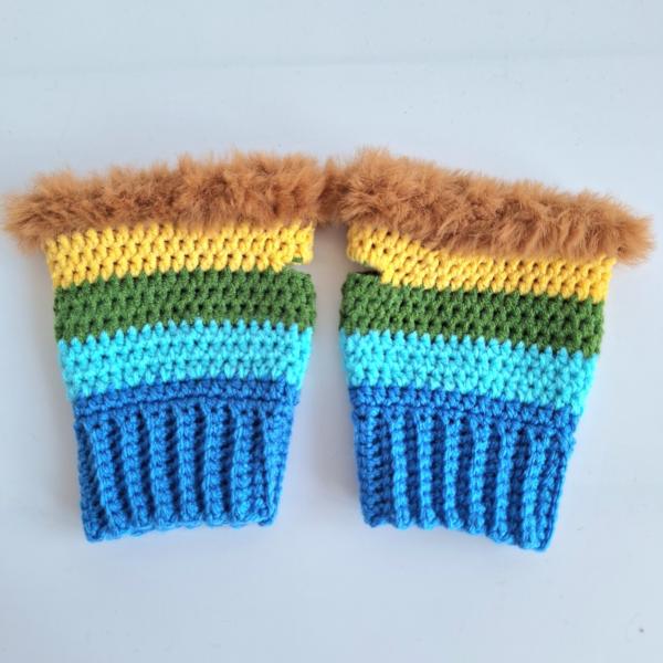 Gehaakte handschoenen - gehaakte vingerloze handschoenen | Blauw, turquoise, groen, geel en bruin