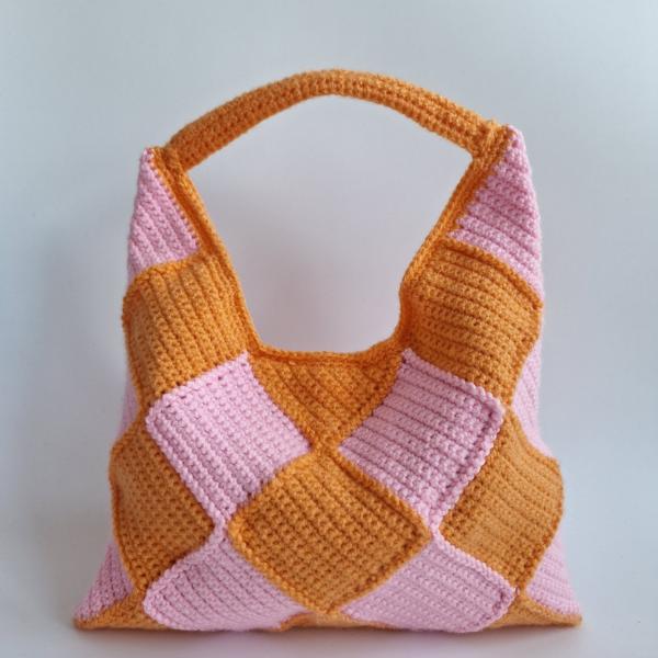 Gehaakte checker handtas 'Lichtroze & oranje'