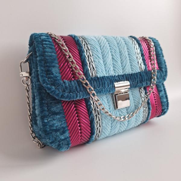 Geweven crossbody tas | Lichtblauw, petrol, magenta en zilver