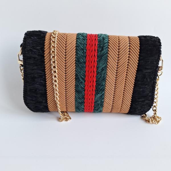Geweven crossbody tas | Lichtbruin, donkergroen, rood en zwart
