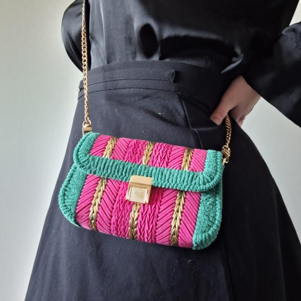 Geweven crossbody tas | Roze, groen en goud