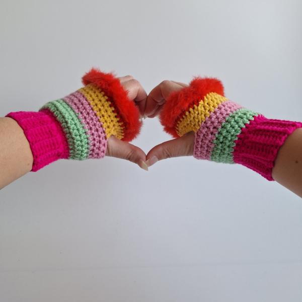 Gehaakte handschoenen - gehaakte vingerloze handschoenen | Knalroze, mintgroen, lichtroze, geel en rood