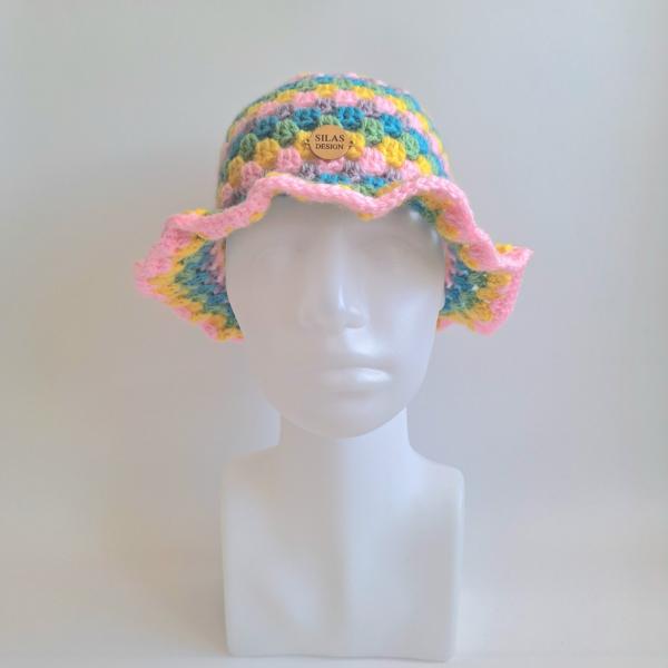 Gehaakte bucket hat | Lichtroze, geel, eucalypstus, turquoise en lila