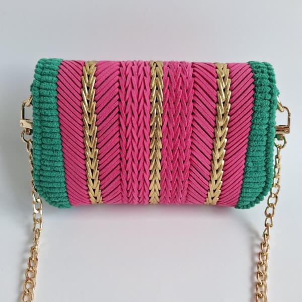 Geweven crossbody tas | Roze, groen en goud